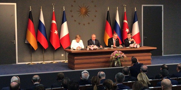 Foreign Minister Mevlüt Çavuşoğlu accompanied President Erdoğan in Istanbul during the Turkey-Russian Federation-France-Germany Quadrilateral Summit on Syria, 27 October 2018
