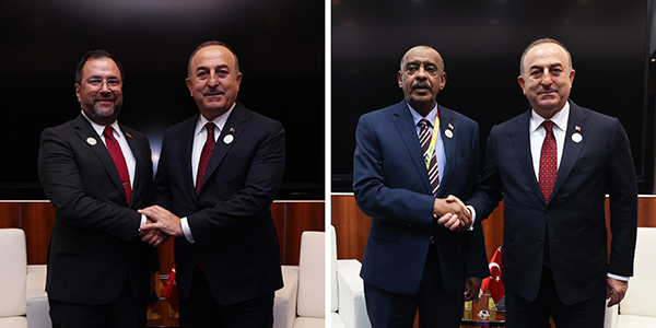 Meeting of Foreign Minister Mevlüt Çavuşoğlu with Yvan Gil, Foreign Minister of Venezuela and Ali Sadık, Foreign Minister of Sudan at the UN Conference on Least Developed Countries, 5 March 2023, Doha