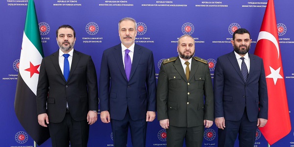 Minister of Foreign Affairs Hakan Fidan met with Asaad Hassan Al-Shaibani, Minister of Foreign Affairs of Syrian Arab Republic, Murhaf Abu Kasra, Minister of Defence and Hussein Salama, Head of General Intelligence Service, 13 August 2025, Ankara